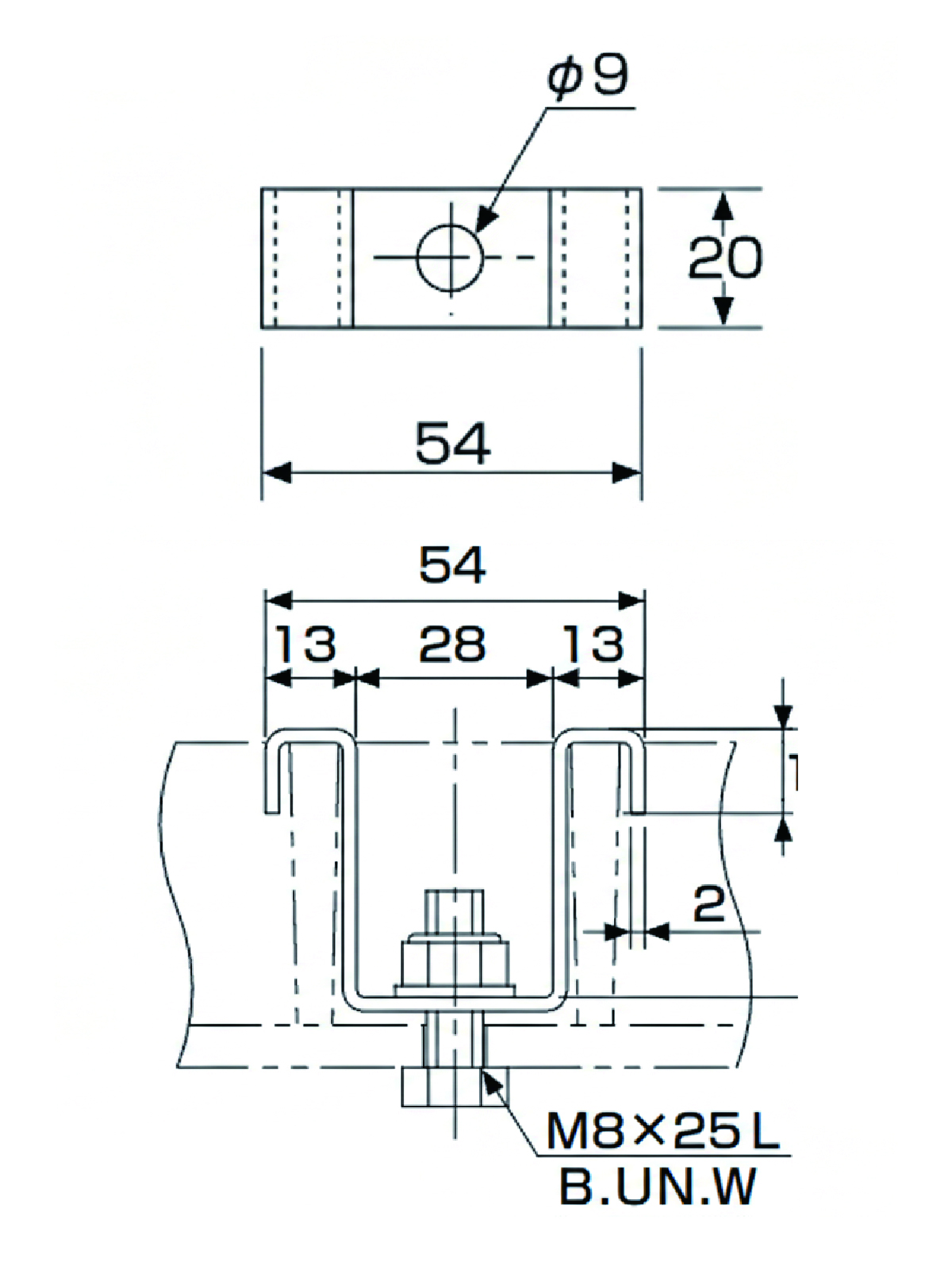 FRPグレーチングの固定金具「40H-1」のサイズ詳細図
