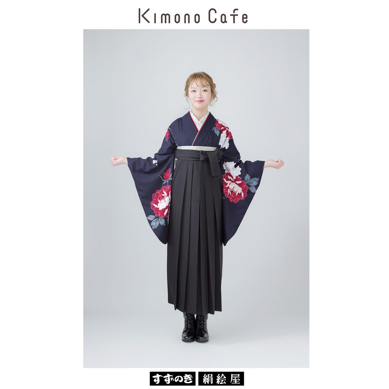 kimono1035（牡丹と梅　ネイビー）