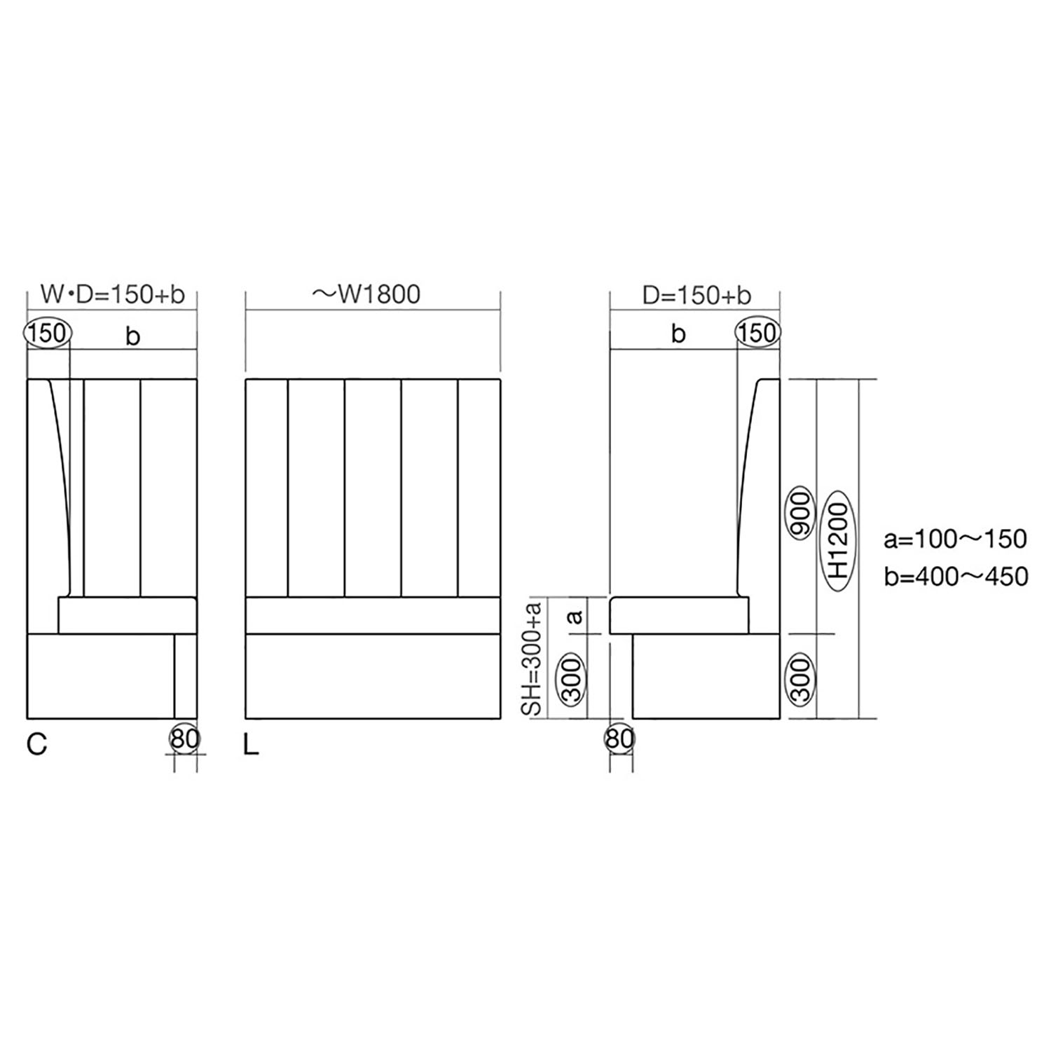 壁面設置専用タイプ システムベンチ2型(キルトタイプ)ハイバックL(~W1800)図面