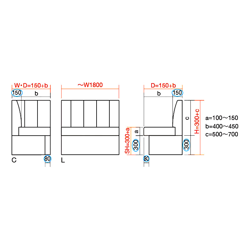 壁面設置専用タイプ システムベンチ2型(キルトタイプ)L(~W900) _図面
