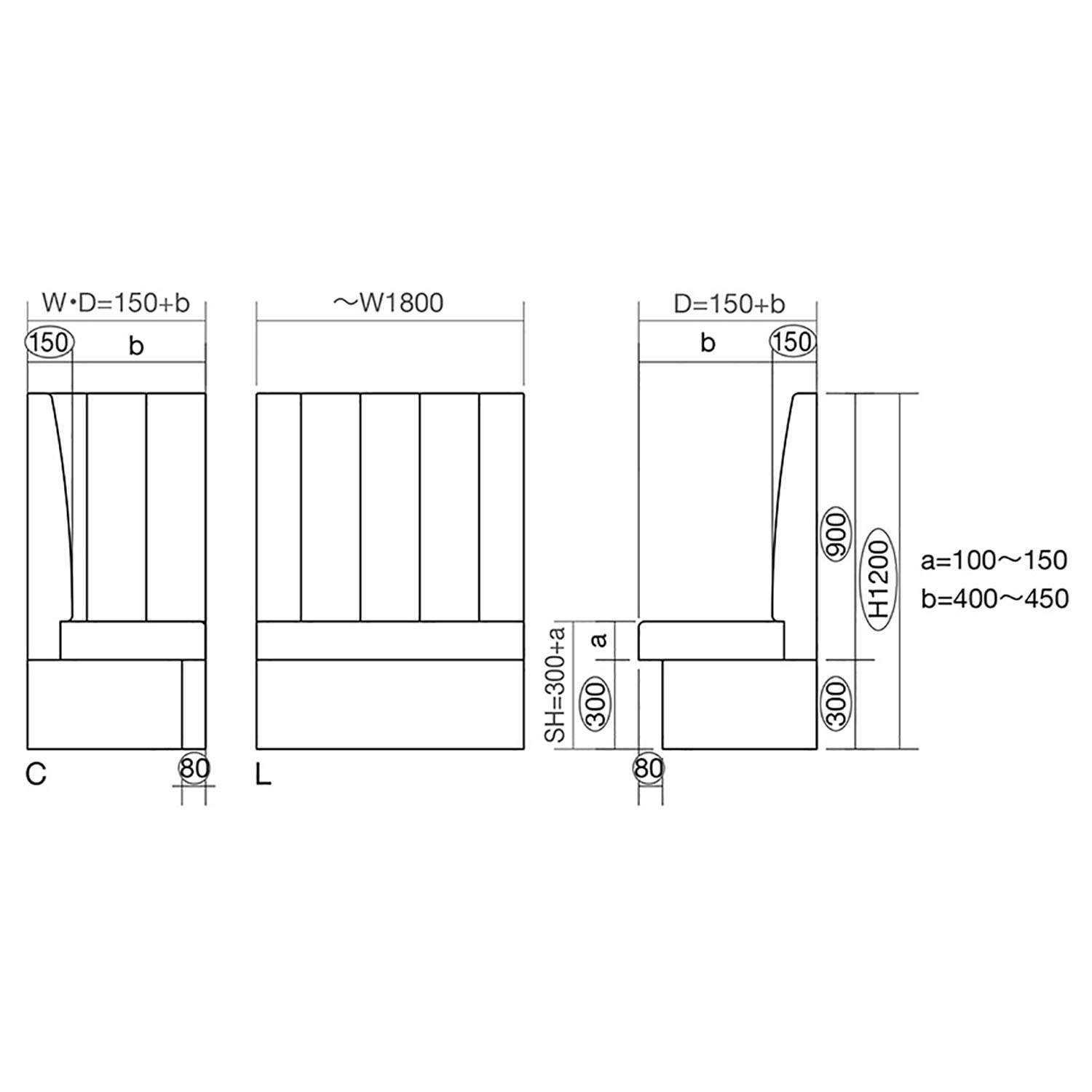 独立設置タイプ システムベンチ5型(キルトタイプ)ハイバックL(~W1500)図面