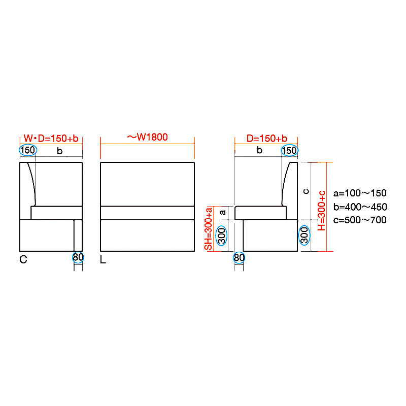 独立設置タイプ システムベンチ4型(プレーンタイプ)ハイバック(~W1300) _図面