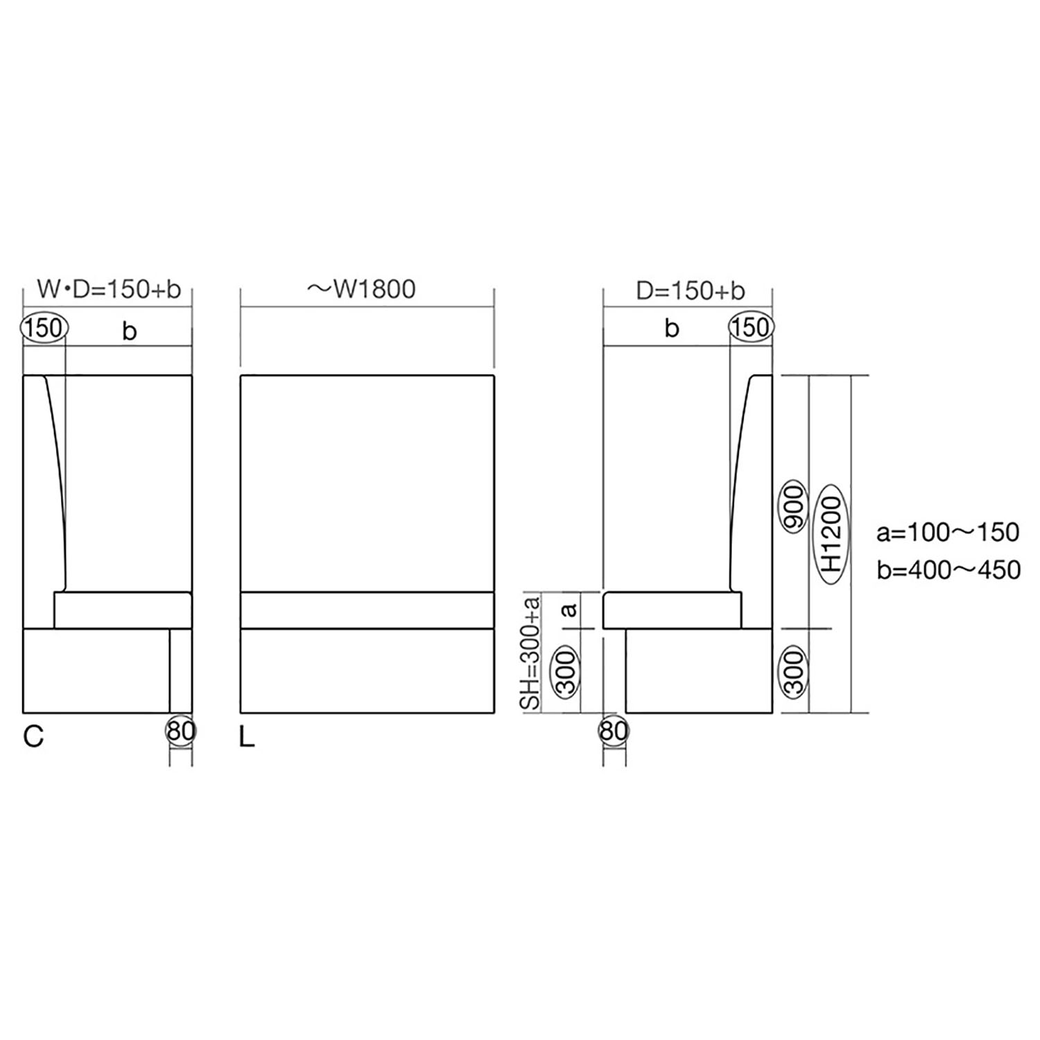 壁面設置専用タイプ システムベンチ1型(プレーンタイプ)ハイバックL(~W900)図面