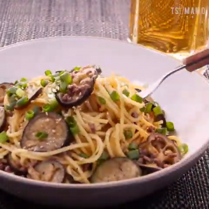 なすとひき肉のバター醤油パスタ