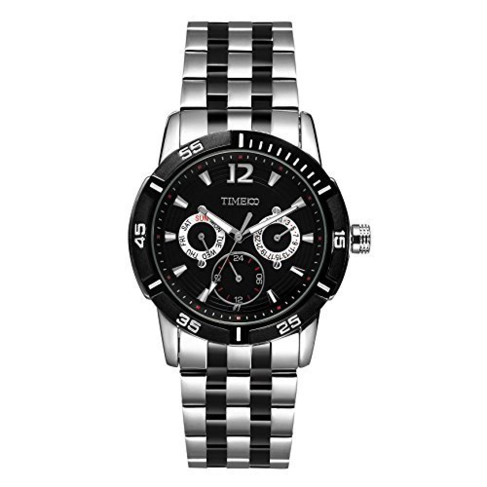 TIME100 Men's Wristwatch Business Style With Calendar Day of the Week Multi-Hand Multifunction Stainless Steel Band Quartz Wrist Watch W50311G.02A (Black)