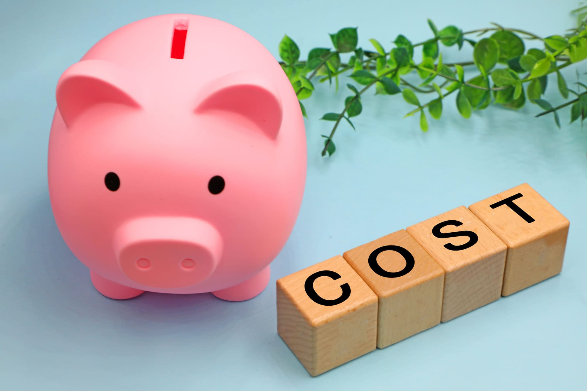 「COST」と書かれた文字ブロックと豚の貯金箱