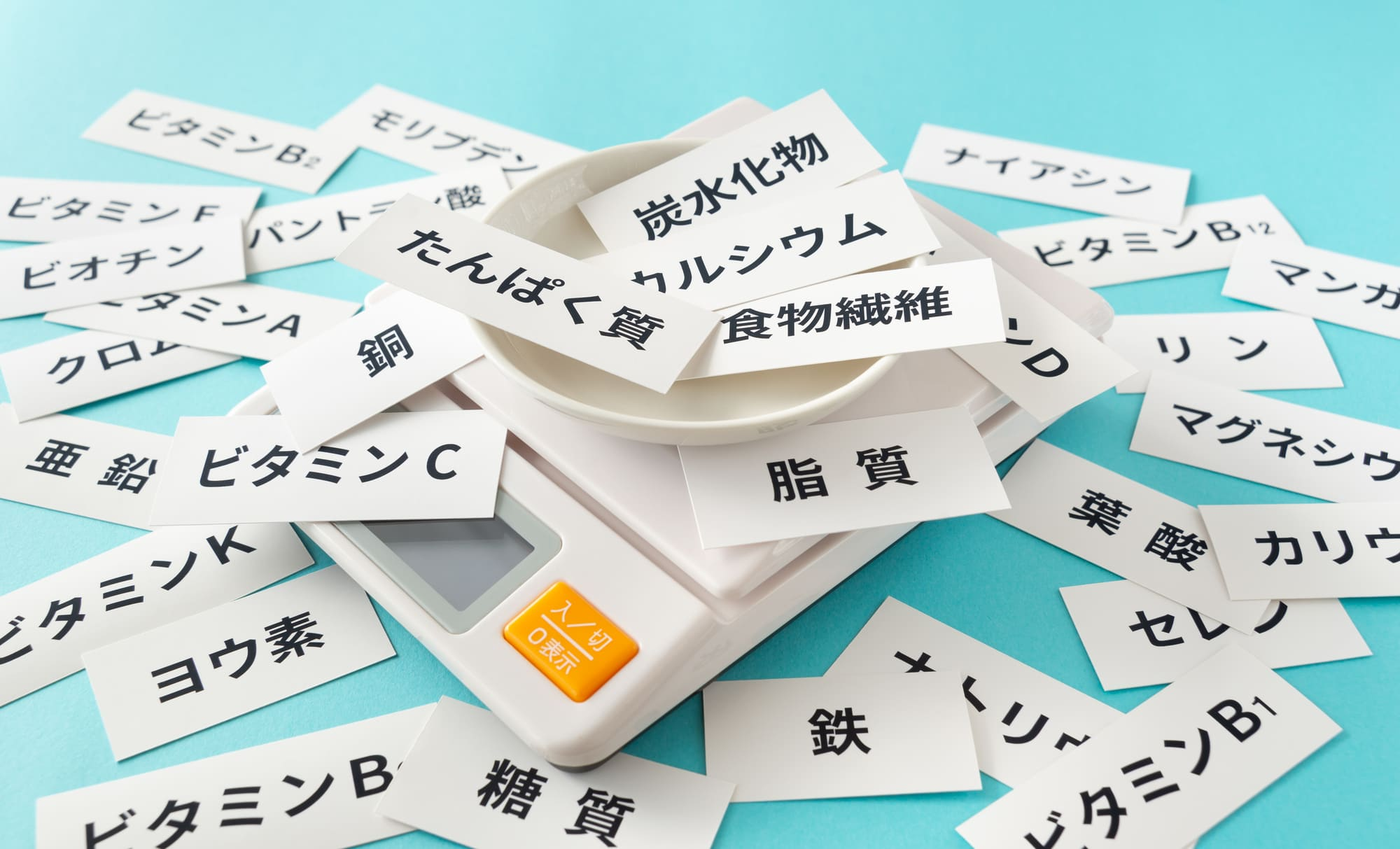 「たんぱく質」「炭水化物」などの栄養素が書かれたたくさんの札とキッチンスケール