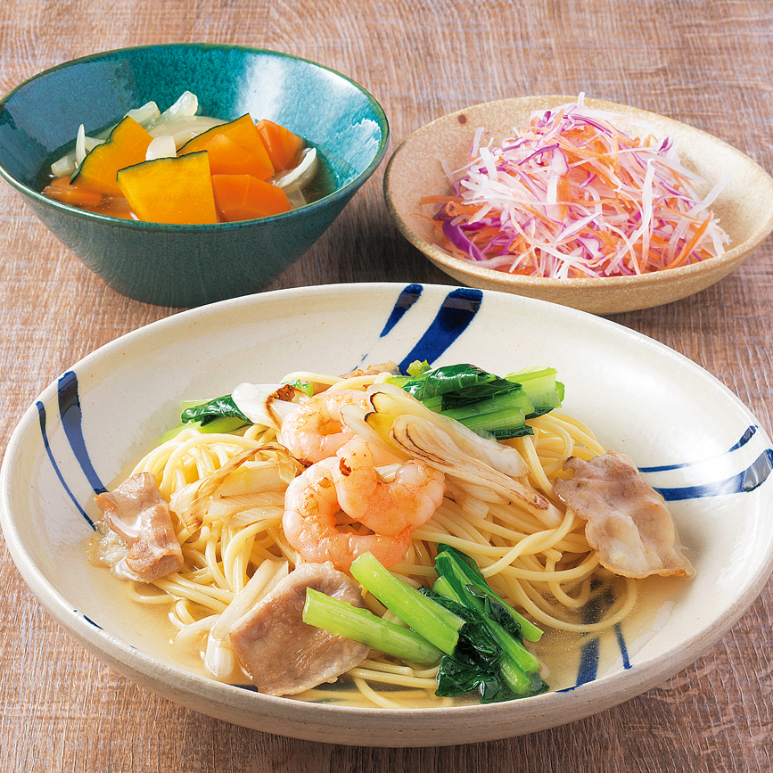 しっかり野菜ご飯 年6月23日 火 えびと小松菜のスパゲッティ ワタミの宅食