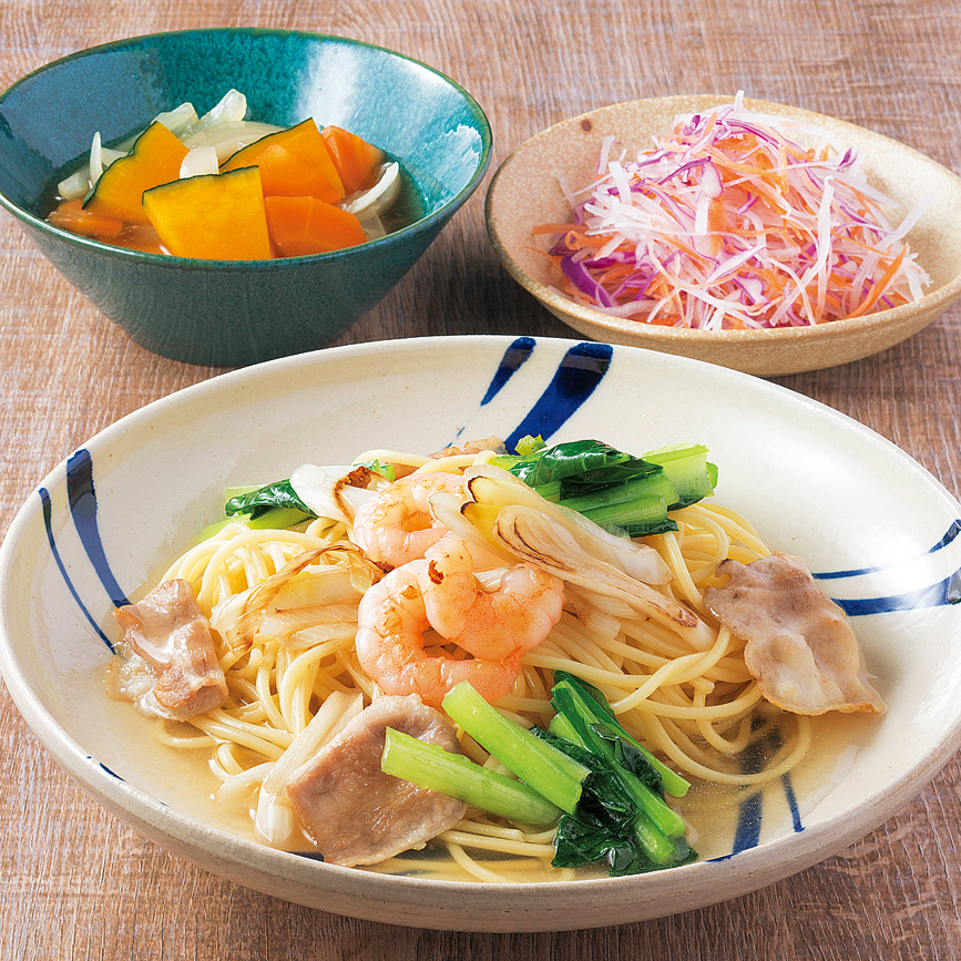 しっかり野菜ご飯 年12月24日 木 えびと小松菜のスパゲッティ ワタミの宅食