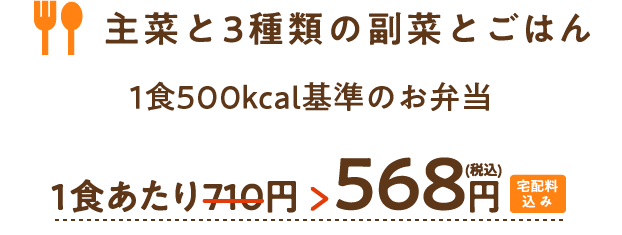 主菜と3種類の副菜とごはん 1食500kcal基準のお弁当