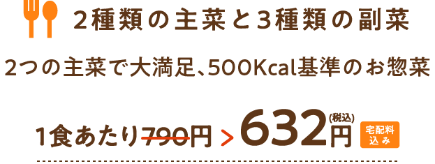 2種類の主菜と3種類の副菜 2つの主菜で大満足、500Kcal基準のお惣菜