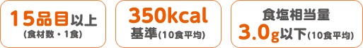 15品目以上（食材数・1食）・350kcal基準（10食平均）・食塩相当量3.0g以下（10食平均）