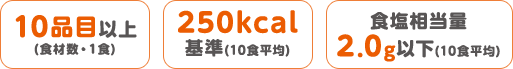 10品目以上（食材数・1食）・250kcal基準（10食平均）・食塩相当量2.0g以下（10食平均）