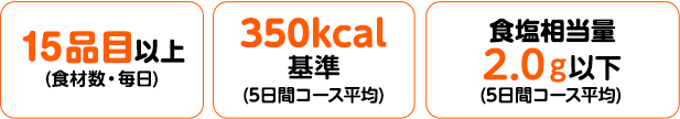 15品目以上(食材数・毎日) 350kcal基準（5日間コース平均） 食塩相当量2.0g以下（5日間コース平均）