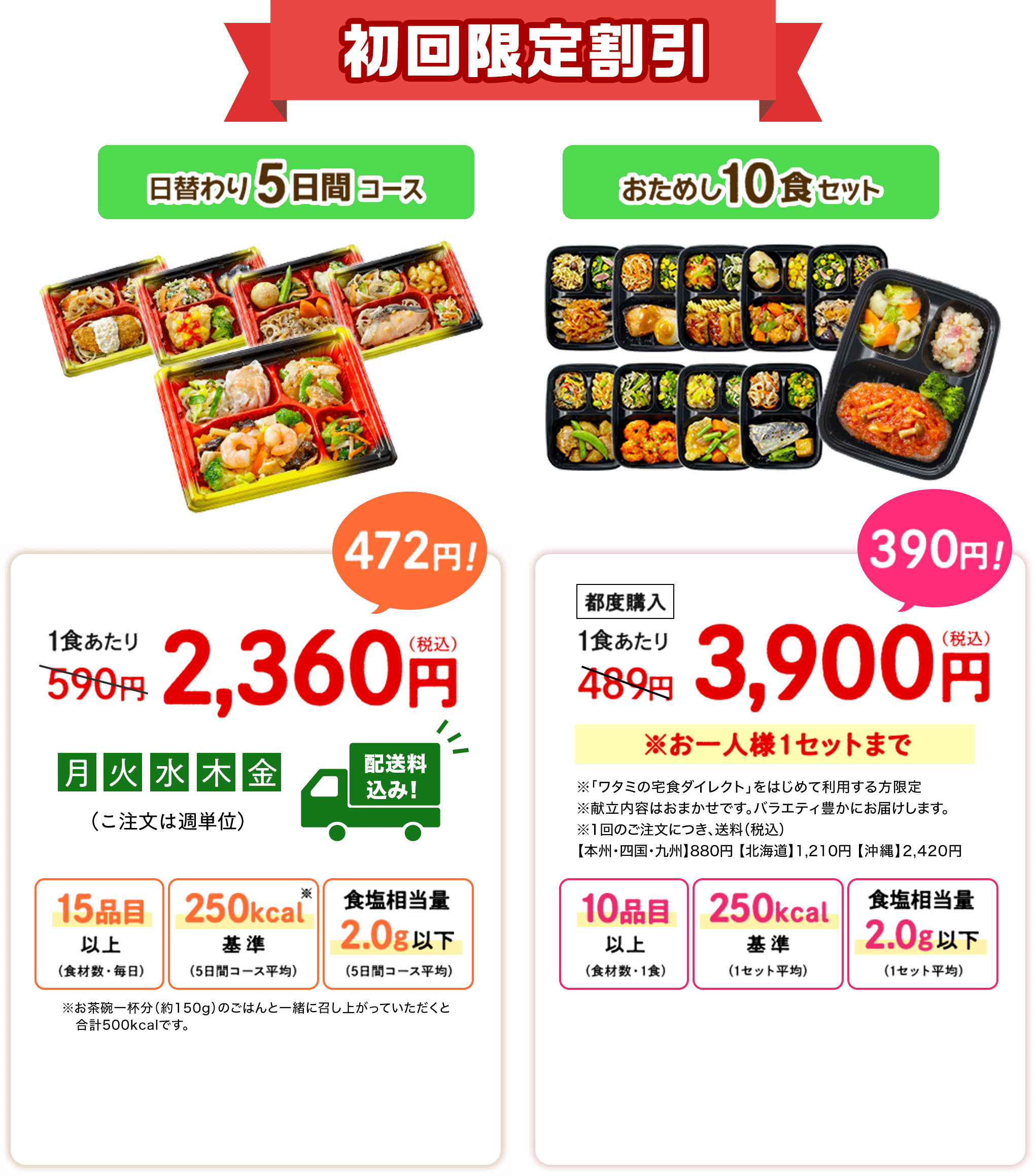 初回限定割引！選べるお試しプラン 冷蔵 まごころ手毬日替わり5日間コース 2,360円(税込) 冷凍 いつでも三菜お試し割/10食セット 3,900円(税込)