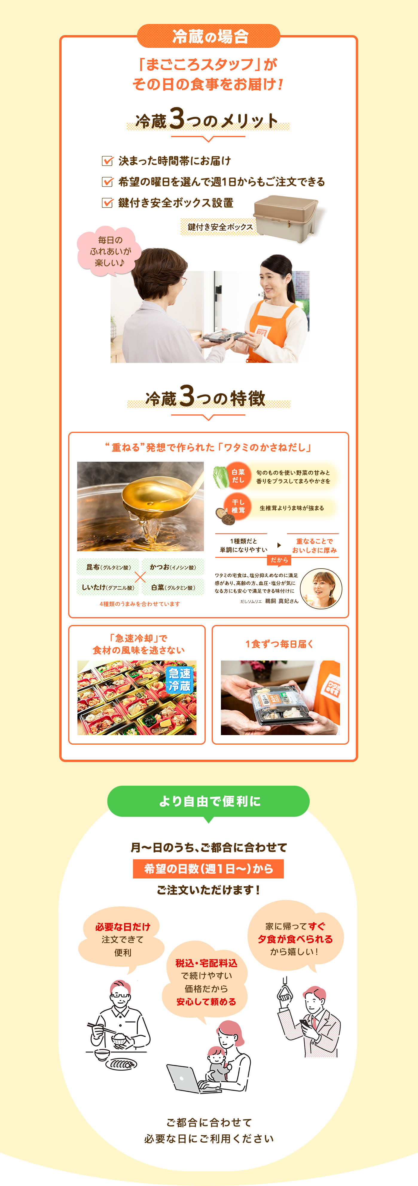冷蔵のメリット 決まった時間帯にお届け 希望の曜日で週1からもご注文可能 鍵付き安全ボックス  冷蔵の特徴 ワタミのかさねだし 急速冷却で食材の風味を逃がさない 1食ずつ毎日届く