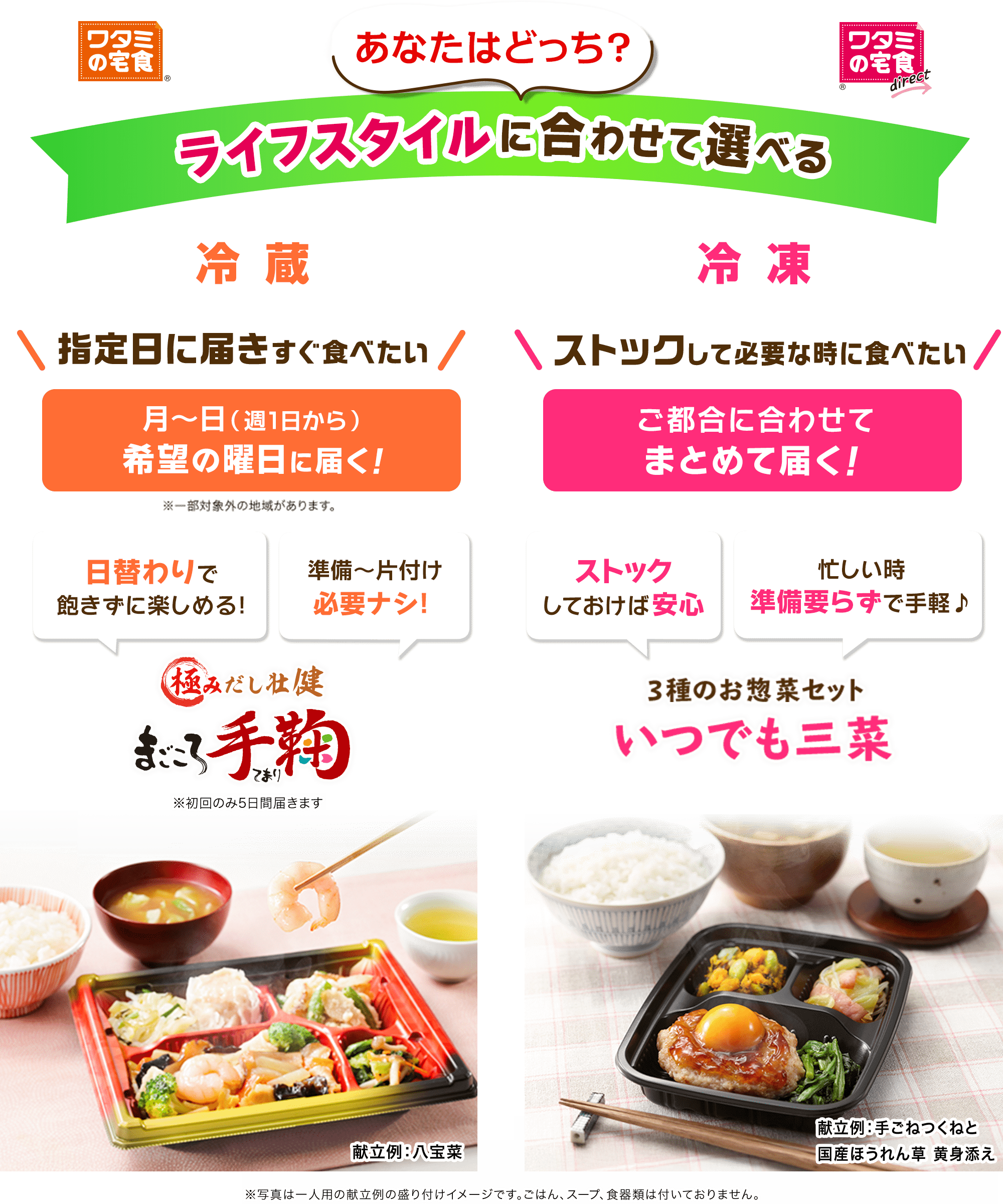 ワタミの宅食 冷蔵 指定日に届きすぐ食べたい！  冷凍 ストックして必要な時に食べたい！