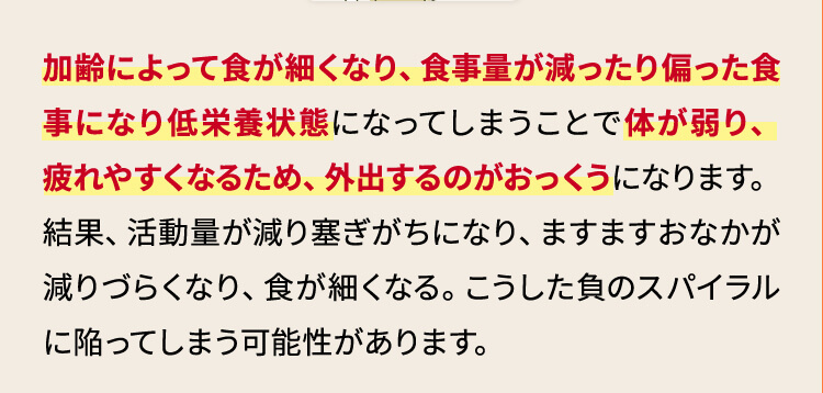 加齢によって?が細くなり、?事量が減ったり偏った?事になり低栄養状態になってしまうことで体が弱り、疲れやすくなるため、外出するのがおっくうになります。結果、活動量が減り塞ぎがちになり、ますますおなかが減りづらくなり、?が細くなる。こうした負のスパイラルに陥ってしまう可能性があります。