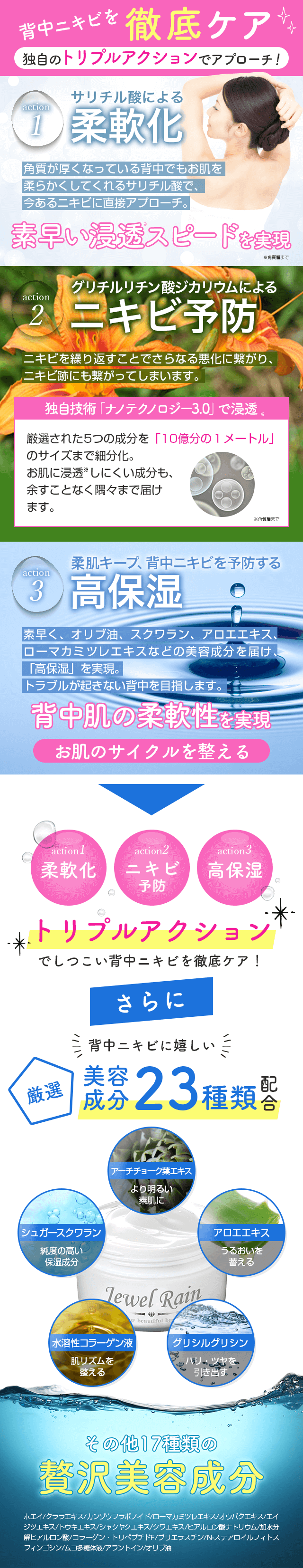 ジュエルレインは背中ニキビを徹底ケア