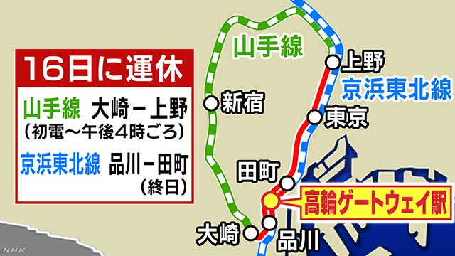 ｊｒ山手線 16日は気をつけて 始発から大規模運休へ Nhkニュース ニュートピ Twitterで話題のニュースをお届け