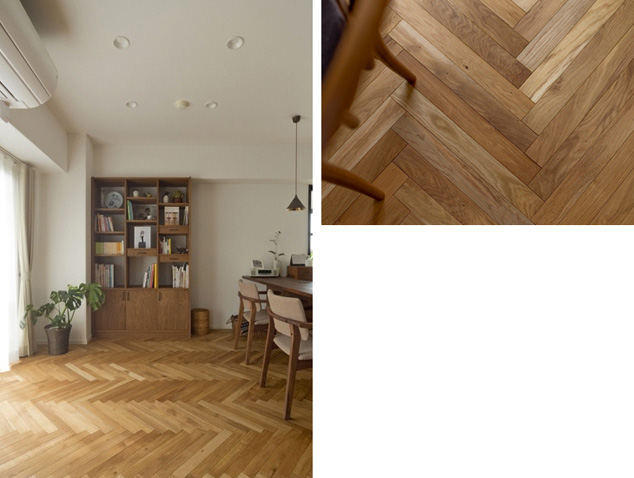 ヘリンボーンの床が高級感を演出するリビングダイニングのリノベーション事例