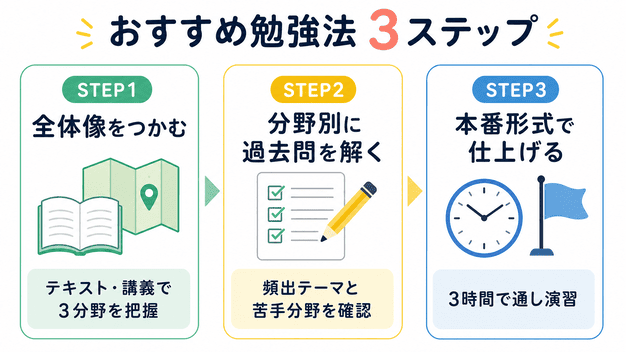 図:衛生管理者 おすすめ勉強法3つのステップ
