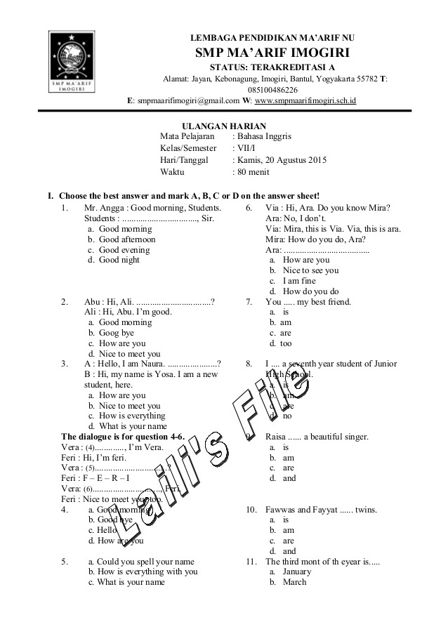 Download Soal Ulangan Harian Bahasa Inggris Kelas 8 Soal