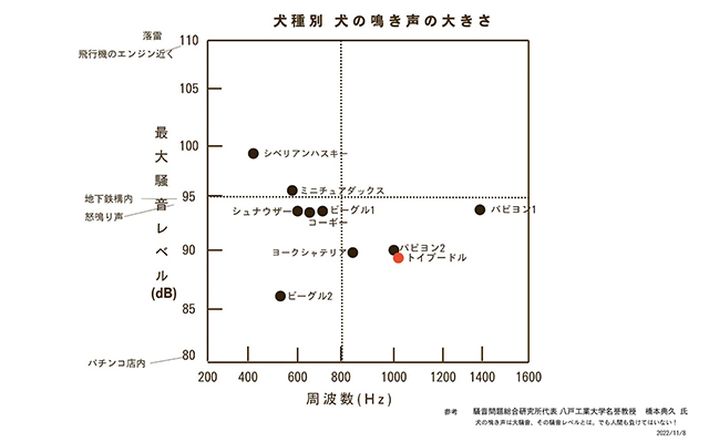 犬種別に鳴き声の大きさや高さを表したグラフ