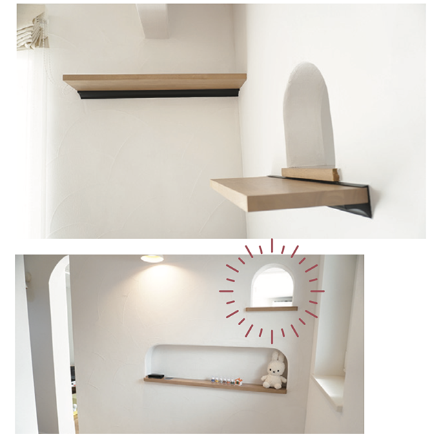 キャットステップ沿いに設けたリビングと玄関を結 ぶ小窓。帰宅すると、猫がひょっこり顔を出してくることも。