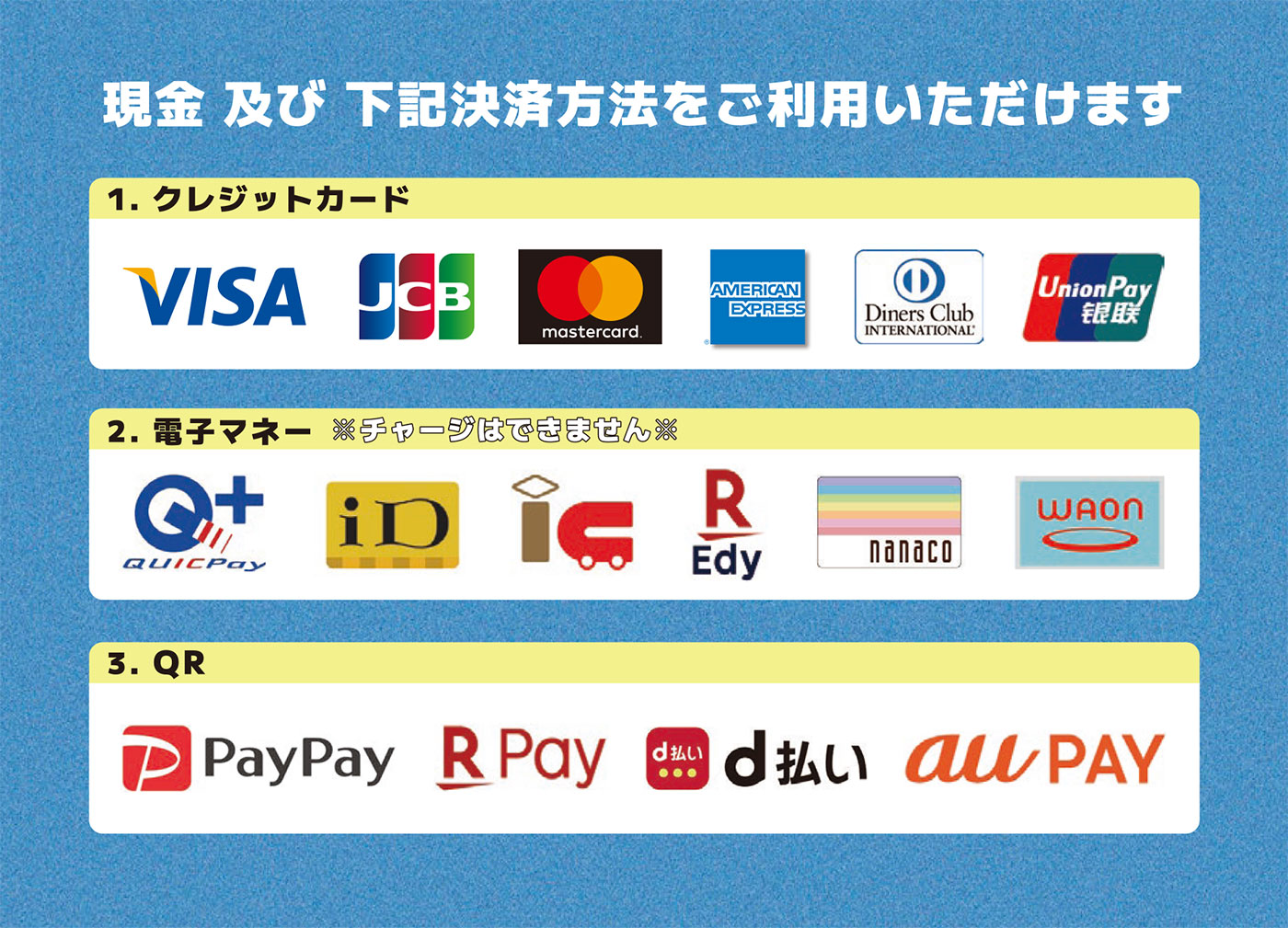 現金及び下記決済方法をご利用いただけます