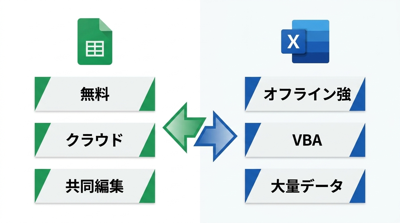 GoogleスプレッドシートとExcelの違い比較図