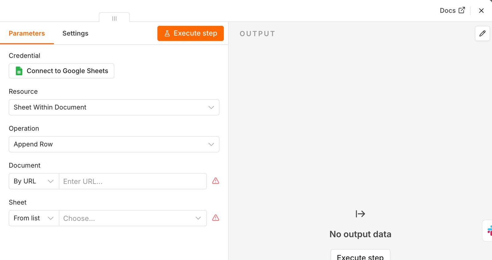 n8nのGoogle SheetsノードでAppend Rowを設定する画面