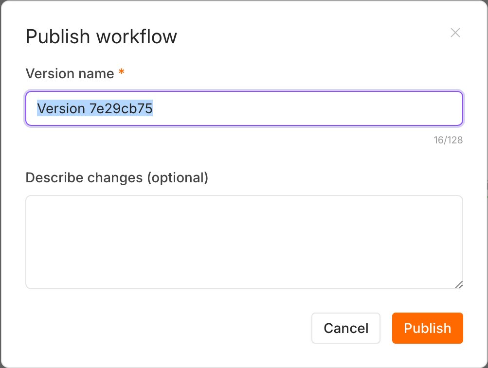 n8nのPublish workflowでVersion nameを入力して公開する画面