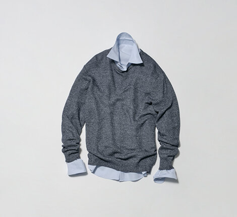 Organic Pin Oxford Wide Collar Shirt  + Linen Cotton Melange Crew Neck Knit