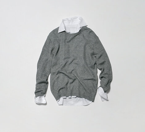 Linen Cotton Melange Crew Neck Knit +Organic Pin Oxford Wide Collar Shirt 