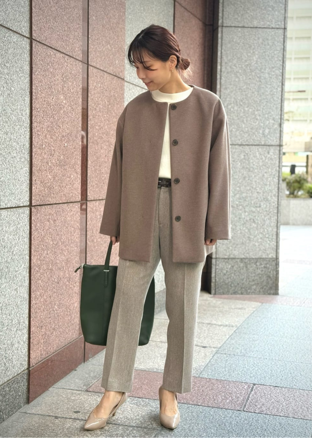 ウールライクノーカラーコート/全身