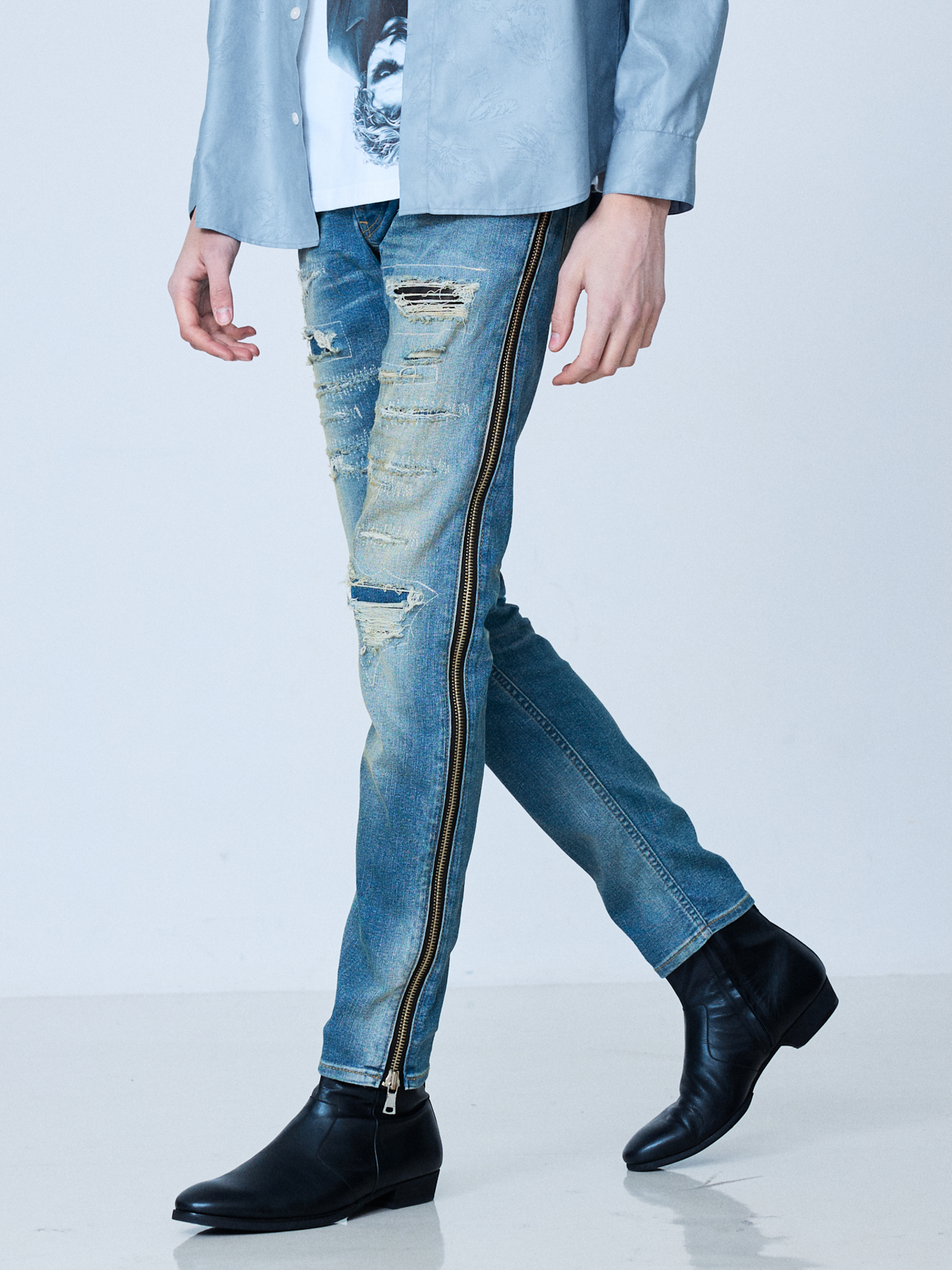 Side Zip Damage Skinny Denim画像