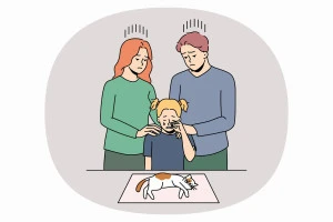 ペットの猫が無くなって悲しむ家族の絵