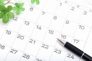 カレンダーとボールペンの画像