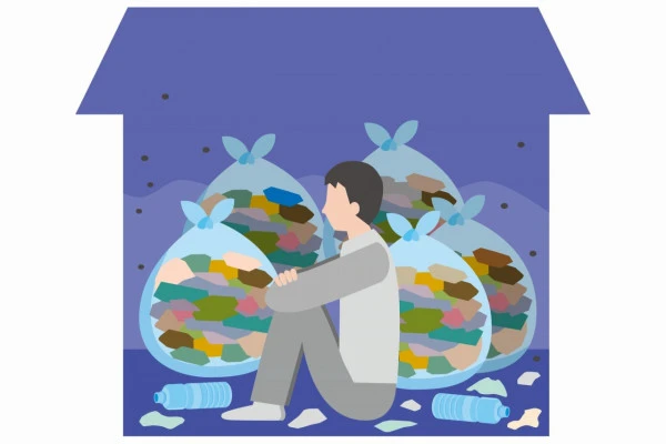 無気力で散らかった部屋に座る男性のイラスト