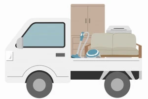 不用品を積んだ横向きの軽トラックのイラスト