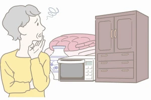 不要な家具・家電・寝具の処分に困るシニアの女性のイラスト