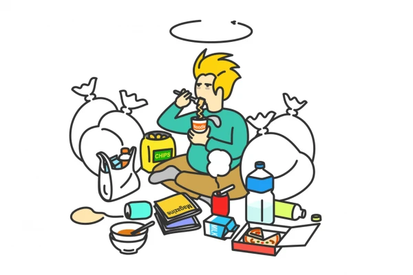 ゴミに囲まれて生活している男性のイラスト