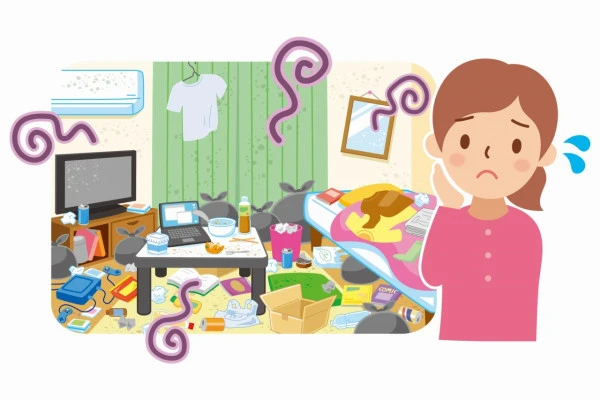 散らかった部屋に困っている女性のイラスト