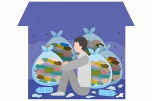 無気力で散らかった部屋に座る男性のイラスト