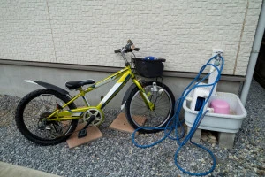 庭に置かれた子供用自転車の写真