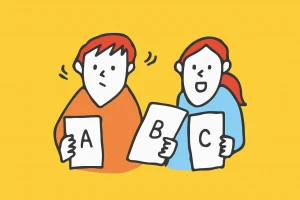 A B Cと書かれた紙を持って悩んでいる男女のイラスト