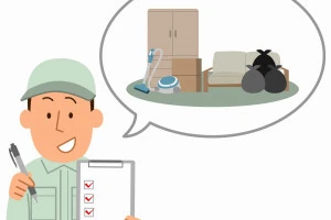 家具などの不用品とチェックリストを持った作業員の男性のイラスト