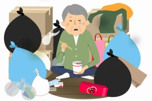ゴミ屋敷で生活するシニア男性のイラスト