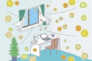 開けた窓から部屋に花粉が入ってくるイメージのカラーイラスト